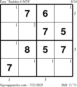 The grouppuzzles.com Easy Sudoku-4-5678 puzzle for Monday July 21, 2025, suitable for printing, with all 2 steps marked