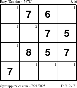 The grouppuzzles.com Easy Sudoku-4-5678 puzzle for Monday July 21, 2025 with the first 2 steps marked