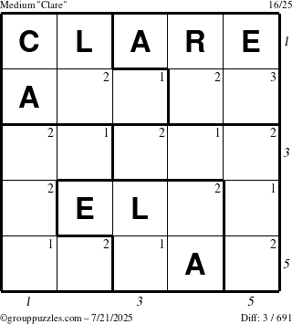 The grouppuzzles.com Medium Clare puzzle for Monday July 21, 2025 with all 3 steps marked