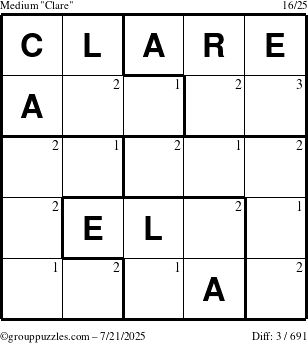 The grouppuzzles.com Medium Clare puzzle for Monday July 21, 2025 with the first 3 steps marked