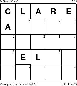 The grouppuzzles.com Difficult Clare puzzle for Monday July 21, 2025 with the first 3 steps marked