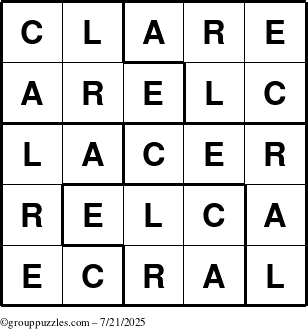 The grouppuzzles.com Answer grid for the Clare puzzle for Monday July 21, 2025