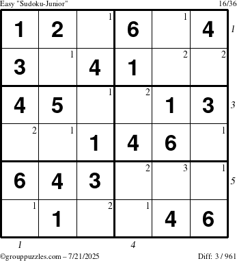 The grouppuzzles.com Easy Sudoku-Junior puzzle for Monday July 21, 2025, suitable for printing, with all 3 steps marked
