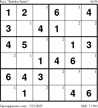 The grouppuzzles.com Easy Sudoku-Junior puzzle for Monday July 21, 2025 with the first 3 steps marked
