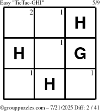 The grouppuzzles.com Easy TicTac-GHI puzzle for Monday July 21, 2025 with the first 2 steps marked