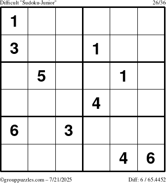 The grouppuzzles.com Difficult Sudoku-Junior puzzle for Monday July 21, 2025