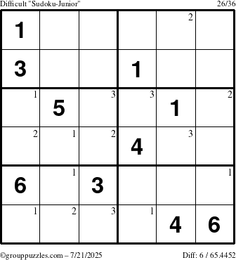 The grouppuzzles.com Difficult Sudoku-Junior puzzle for Monday July 21, 2025 with the first 3 steps marked