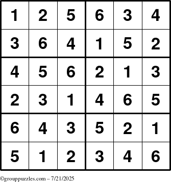 The grouppuzzles.com Answer grid for the Sudoku-Junior puzzle for Monday July 21, 2025