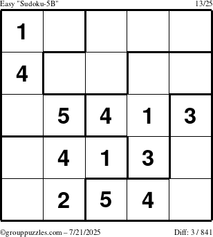 The grouppuzzles.com Easy Sudoku-5B puzzle for Monday July 21, 2025