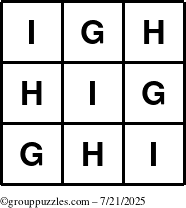 The grouppuzzles.com Answer grid for the TicTac-GHI puzzle for Monday July 21, 2025