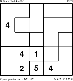 The grouppuzzles.com Difficult Sudoku-5B puzzle for Monday July 21, 2025