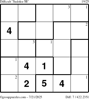 The grouppuzzles.com Difficult Sudoku-5B puzzle for Monday July 21, 2025 with the first 3 steps marked