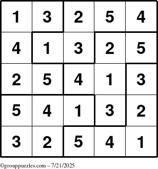 The grouppuzzles.com Answer grid for the Sudoku-5B puzzle for Monday July 21, 2025