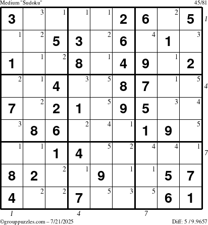 The grouppuzzles.com Medium Sudoku puzzle for Monday July 21, 2025, suitable for printing, with all 5 steps marked