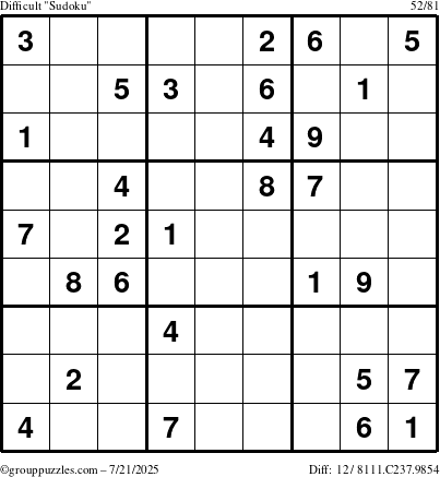 The grouppuzzles.com Difficult Sudoku puzzle for Monday July 21, 2025