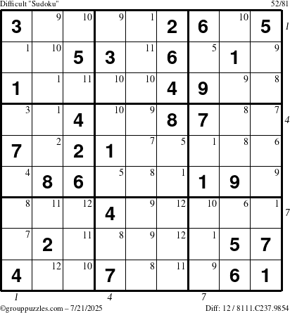 The grouppuzzles.com Difficult Sudoku puzzle for Monday July 21, 2025, suitable for printing, with all 12 steps marked