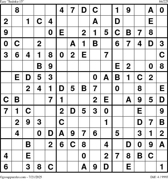 The grouppuzzles.com Easy Sudoku-15 puzzle for Monday July 21, 2025