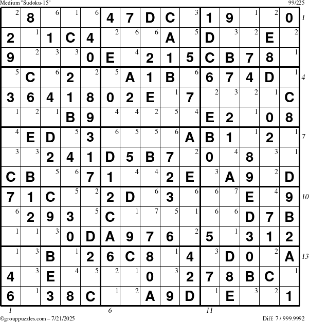 The grouppuzzles.com Medium Sudoku-15 puzzle for Monday July 21, 2025 with all 7 steps marked
