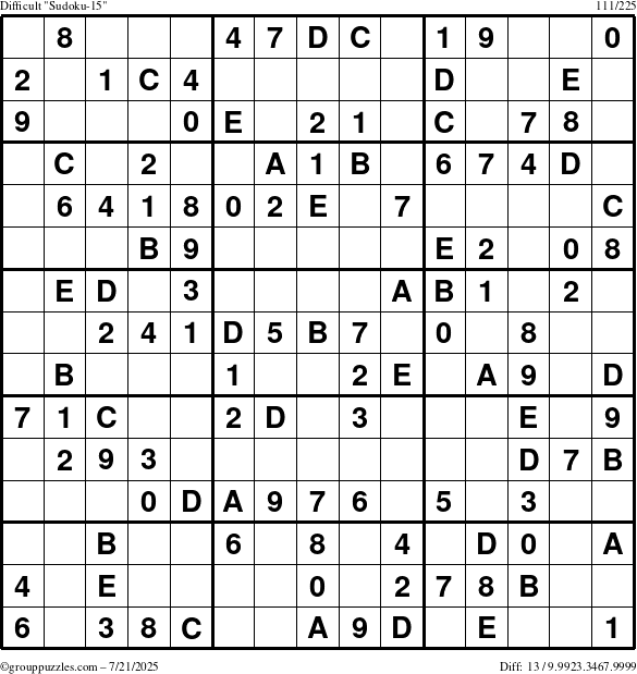 The grouppuzzles.com Difficult Sudoku-15 puzzle for Monday July 21, 2025