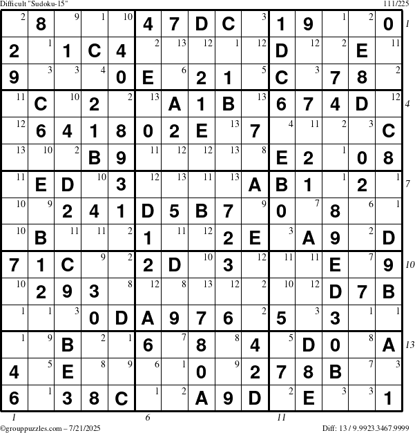 The grouppuzzles.com Difficult Sudoku-15 puzzle for Monday July 21, 2025 with all 13 steps marked
