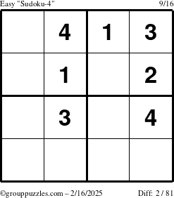 The grouppuzzles.com Easy Sudoku-4 puzzle for Sunday February 16, 2025