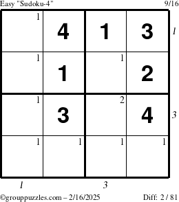 The grouppuzzles.com Easy Sudoku-4 puzzle for Sunday February 16, 2025 with all 2 steps marked
