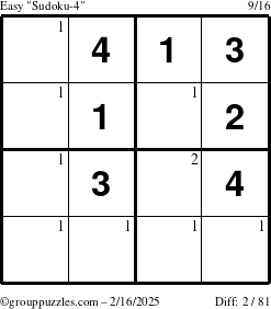 The grouppuzzles.com Easy Sudoku-4 puzzle for Sunday February 16, 2025 with the first 2 steps marked