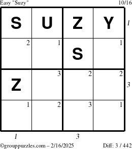 The grouppuzzles.com Easy Suzy puzzle for Sunday February 16, 2025 with all 3 steps marked