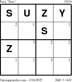 The grouppuzzles.com Easy Suzy puzzle for Sunday February 16, 2025 with the first 3 steps marked