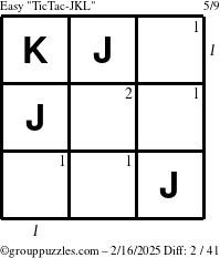 The grouppuzzles.com Easy TicTac-JKL puzzle for Sunday February 16, 2025 with all 2 steps marked