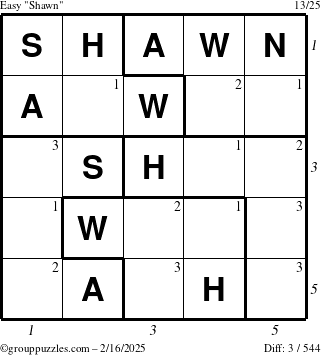 The grouppuzzles.com Easy Shawn puzzle for Sunday February 16, 2025 with all 3 steps marked