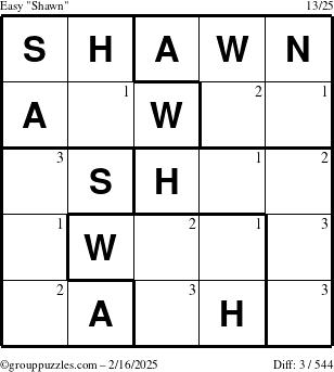 The grouppuzzles.com Easy Shawn puzzle for Sunday February 16, 2025 with the first 3 steps marked