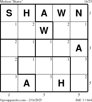 The grouppuzzles.com Medium Shawn puzzle for Sunday February 16, 2025 with all 3 steps marked