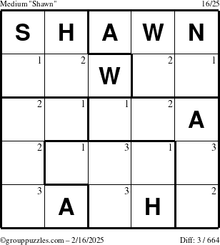 The grouppuzzles.com Medium Shawn puzzle for Sunday February 16, 2025 with the first 3 steps marked