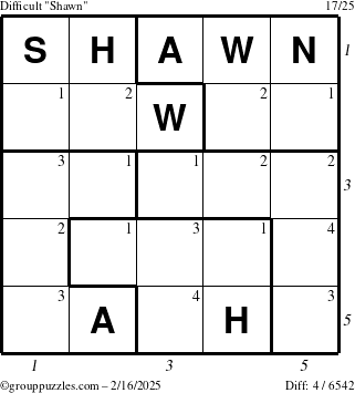 The grouppuzzles.com Difficult Shawn puzzle for Sunday February 16, 2025 with all 4 steps marked