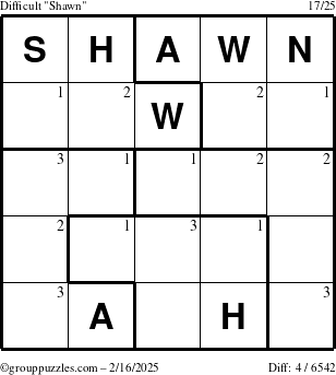 The grouppuzzles.com Difficult Shawn puzzle for Sunday February 16, 2025 with the first 3 steps marked