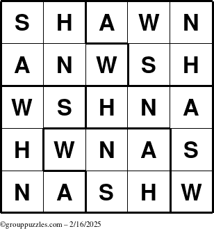 The grouppuzzles.com Answer grid for the Shawn puzzle for Sunday February 16, 2025