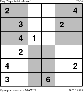 The grouppuzzles.com Easy SuperSudoku-Junior puzzle for Sunday February 16, 2025