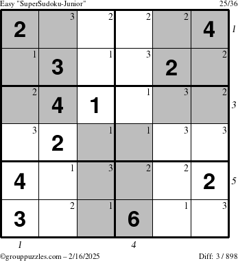 The grouppuzzles.com Easy SuperSudoku-Junior puzzle for Sunday February 16, 2025 with all 3 steps marked