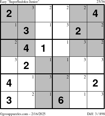 The grouppuzzles.com Easy SuperSudoku-Junior puzzle for Sunday February 16, 2025 with the first 3 steps marked