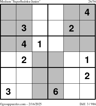 The grouppuzzles.com Medium SuperSudoku-Junior puzzle for Sunday February 16, 2025