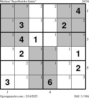 The grouppuzzles.com Medium SuperSudoku-Junior puzzle for Sunday February 16, 2025 with all 3 steps marked