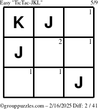 The grouppuzzles.com Easy TicTac-JKL puzzle for Sunday February 16, 2025 with the first 2 steps marked