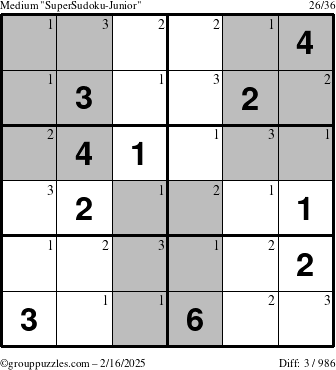 The grouppuzzles.com Medium SuperSudoku-Junior puzzle for Sunday February 16, 2025 with the first 3 steps marked