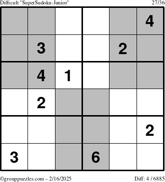 The grouppuzzles.com Difficult SuperSudoku-Junior puzzle for Sunday February 16, 2025