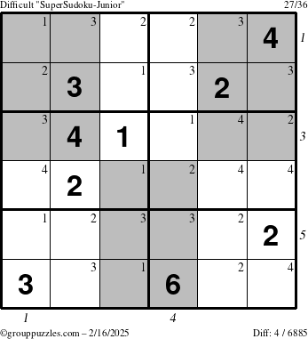 The grouppuzzles.com Difficult SuperSudoku-Junior puzzle for Sunday February 16, 2025 with all 4 steps marked