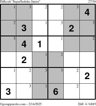 The grouppuzzles.com Difficult SuperSudoku-Junior puzzle for Sunday February 16, 2025 with the first 3 steps marked