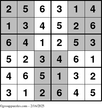 The grouppuzzles.com Answer grid for the SuperSudoku-Junior puzzle for Sunday February 16, 2025