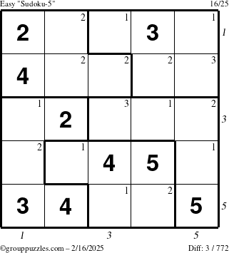 The grouppuzzles.com Easy Sudoku-5 puzzle for Sunday February 16, 2025 with all 3 steps marked