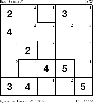 The grouppuzzles.com Easy Sudoku-5 puzzle for Sunday February 16, 2025 with the first 3 steps marked